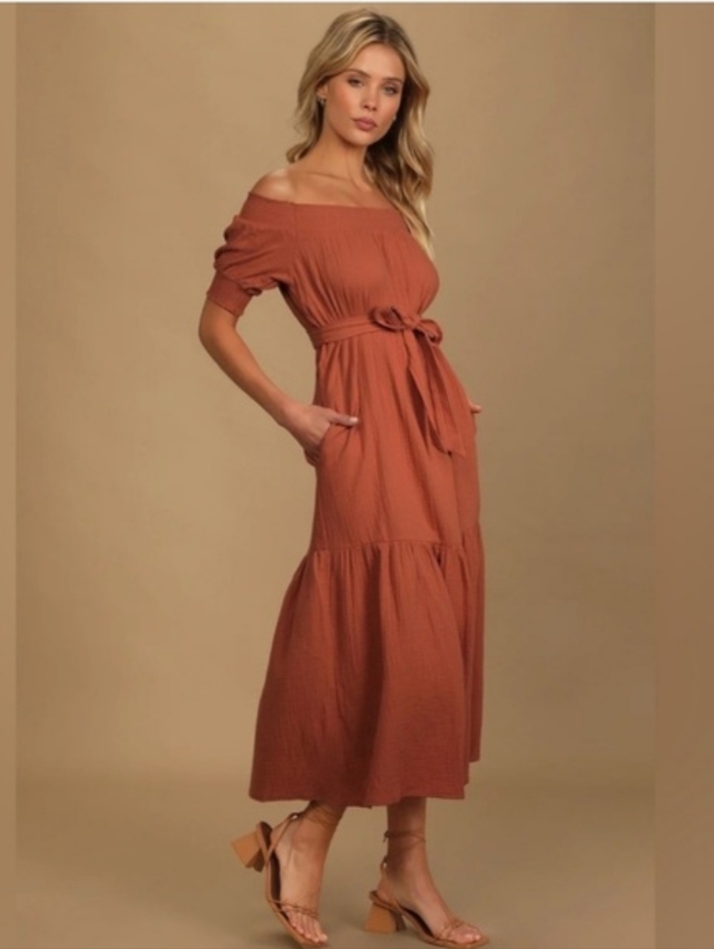 Lulu's Off-Shoulder Tie-Waist Maxi Dress in Terracotta